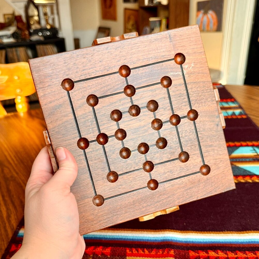 Handmade Vintage Solid Wood 9 Men's Morris Board Game with Marble Storage Slot - Picture 5 of 7